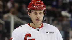 ikko Rantanen #96 of the Carolina Hurricanes looks on during the game against the New York Rangers at Madison Square Garden on January 28, 2025 in New York City.
