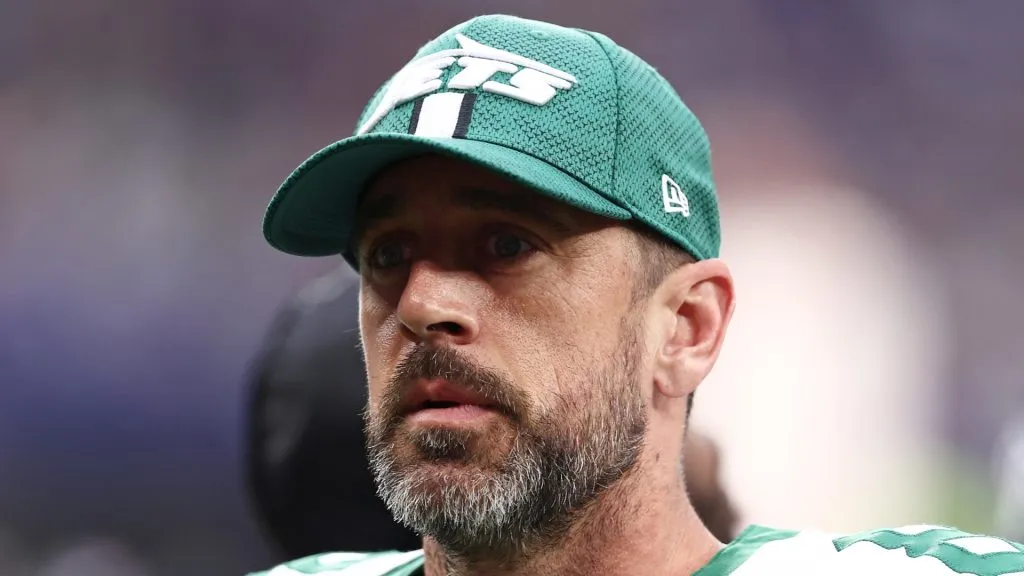Aaron Rodgers of New York Jets looks on during the NFL match between New York Jets and Minnesota Vikings at Tottenham Hotspur Stadium on October 06, 2024 in London, England.