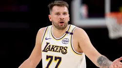 Luka Doncic #77 of the Los Angeles Lakers reacts against the Chicago Bulls during the first quarter at Crypto.com Arena on March 22, 2025 in Los Angeles, California.