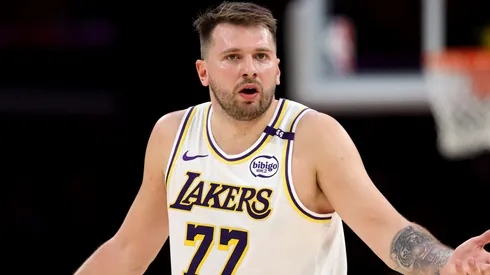 Luka Doncic #77 of the Los Angeles Lakers reacts against the Chicago Bulls during the first quarter at Crypto.com Arena on March 22, 2025 in Los Angeles, California.