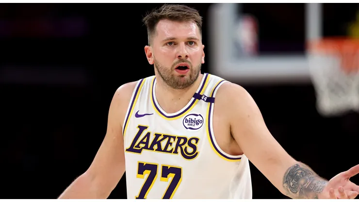Luka Doncic #77 of the Los Angeles Lakers reacts against the Chicago Bulls during the first quarter at Crypto.com Arena on March 22, 2025 in Los Angeles, California.