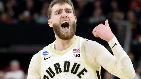 Braden Smith #3 of the Purdue Boilermakers reacts against the McNeese State Cowboys during the first half in the second round of the NCAA Men's Basketball Tournament at Amica Mutual Pavillion on March 22, 2025 in Providence, Rhode Island.