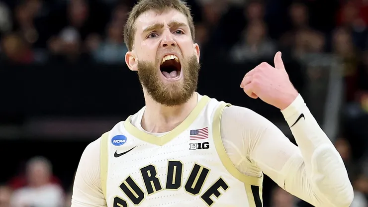 Braden Smith #3 of the Purdue Boilermakers reacts against the McNeese State Cowboys during the first half in the second round of the NCAA Men's Basketball Tournament at Amica Mutual Pavillion on March 22, 2025 in Providence, Rhode Island.