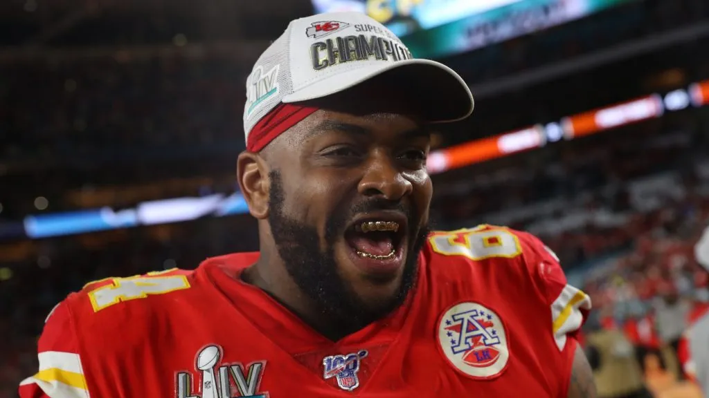 Mike Pennel #64 of the Kansas City Chiefs reacts after defeating San Francisco 49ers by 31 - 20in Super Bowl LIV at Hard Rock Stadium on February 02, 2020 in Miami, Florida.