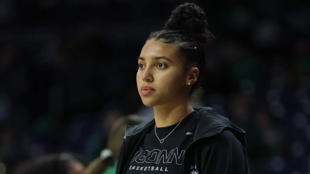 Azzi Fudd #35 of the UConn Huskies looks on prior to the game against the Notre Dame Fighting Irish at Purcell Pavilion at the Joyce Center on December 12, 2024 in South Bend, Indiana.
