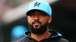 Sandy Alcantara #22 of the Miami Marlins looks on prior to a spring training game against the New York Mets at Roger Dean Stadium on February 26, 2025 in Jupiter, Florida.