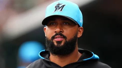 Sandy Alcantara #22 of the Miami Marlins looks on prior to a spring training game against the New York Mets at Roger Dean Stadium on February 26, 2025 in Jupiter, Florida.