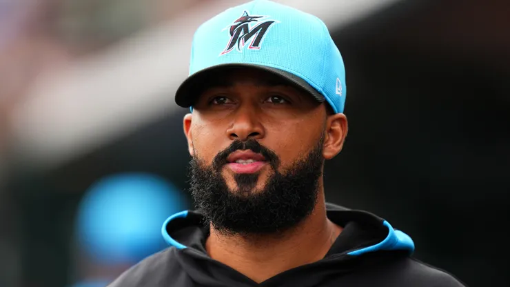 Sandy Alcantara #22 of the Miami Marlins looks on prior to a spring training game against the New York Mets at Roger Dean Stadium on February 26, 2025 in Jupiter, Florida.