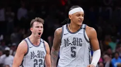 Franz Wagner #22 and Paolo Banchero #5 of the Orlando Magic celebrate after scoring against the San Antonio Spurs