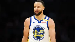 Stephen Curry #30 of the Golden State Warriors looks on during the first half of a basketball game against the Charlotte Hornets at Spectrum Center.