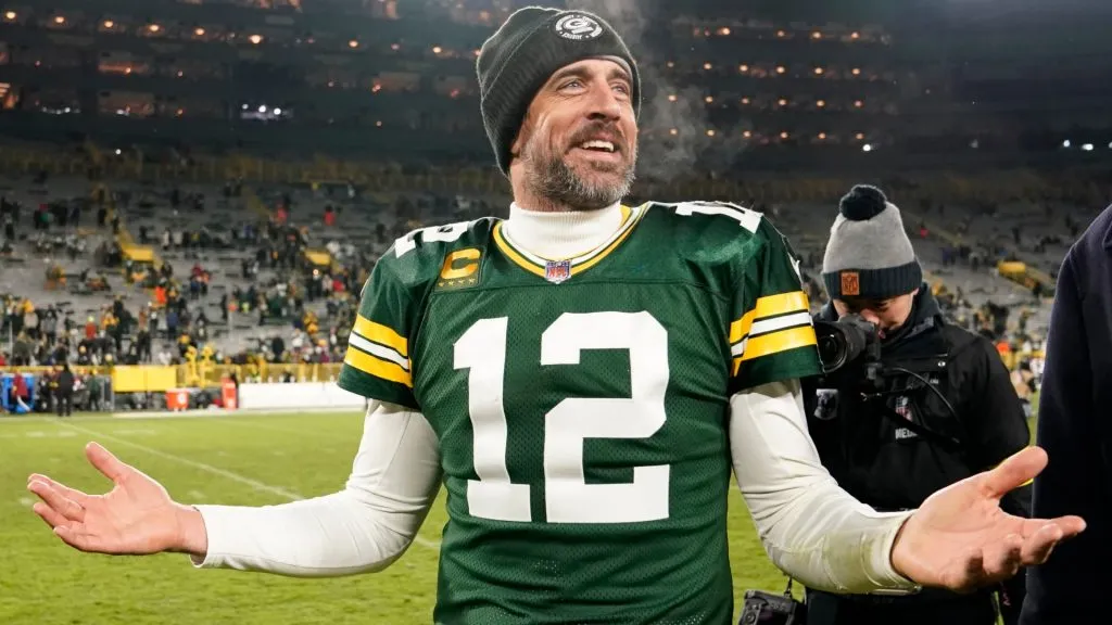 Aaron Rodgers #12 of the Green Bay Packers reacts after defeating the Los Angeles Rams 24-12 at Lambeau Field on December 19, 2022. (Source: Patrick McDermott/Getty Images)