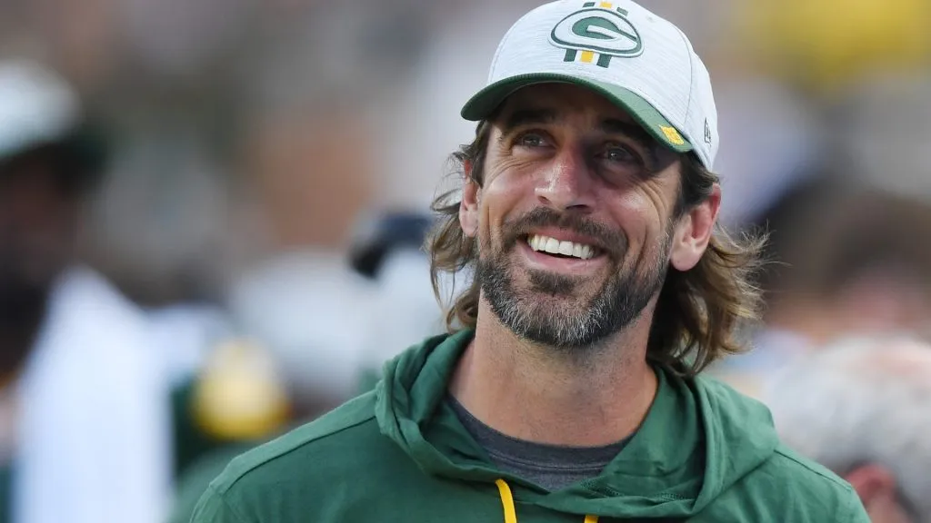Aaron Rodgers #12 of the Green Bay Packers looks on in the second half against the New York Jets during a preseason game at Lambeau Field on August 21, 2021. (Source: Quinn Harris/Getty Images)