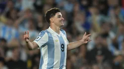 Julian Alvarez celebrates after scoring against Brazil