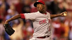 Aroldis Chapman #54 of the Cincinnati Reds pitches against the Philadelphia Phillies in game 2 of the NLDS at Citizens Bank Park on October 8, 2010.