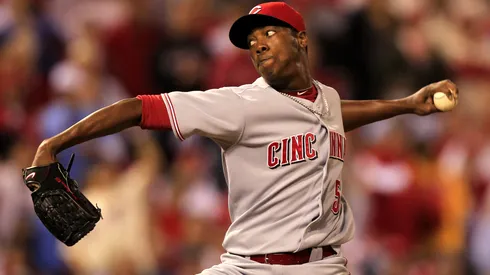 Aroldis Chapman #54 of the Cincinnati Reds pitches against the Philadelphia Phillies in game 2 of the NLDS at Citizens Bank Park on October 8, 2010.