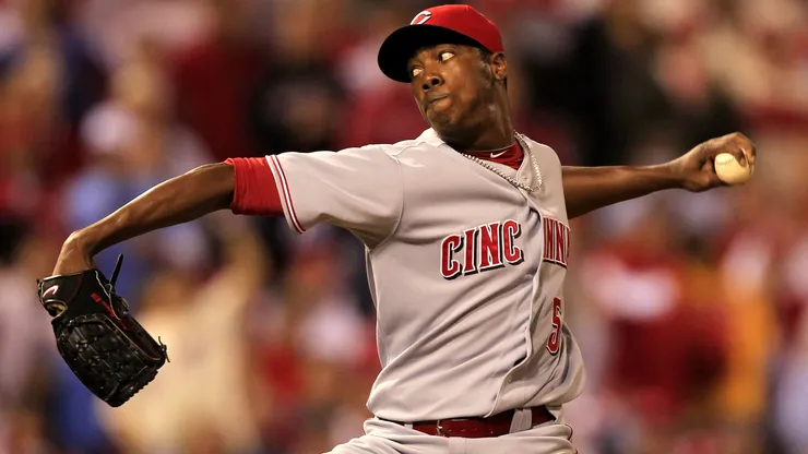 Aroldis Chapman #54 of the Cincinnati Reds pitches against the Philadelphia Phillies in game 2 of the NLDS at Citizens Bank Park on October 8, 2010.