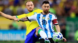 Lionel Messi playing with Argentina against Brazil.