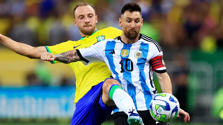 Lionel Messi playing with Argentina against Brazil.