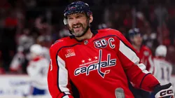 Alex Ovechkin #8 of the Washington Capitals reacts after scoring a goal against the Montreal Canadiens during the third period of the game at Capital One Arena on October 31, 2024 in Washington, DC.