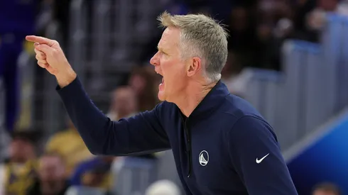 Golden State Warriors head coach Steve Kerr shouts to his team during their game against the Portland Trail Blazers at Chase Center on March 10, 2025 in San Francisco, California.