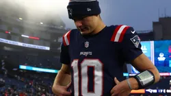 Drake Maye #10 of the New England Patriots reacts after a 40-7 loss against the Los Angeles Chargers at Gillette Stadium on December 28, 2024 in Foxborough, Massachusetts.
