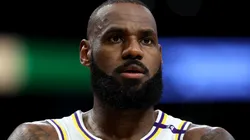 LeBron James #23 of the Los Angeles Lakers looks on against the Chicago Bulls.