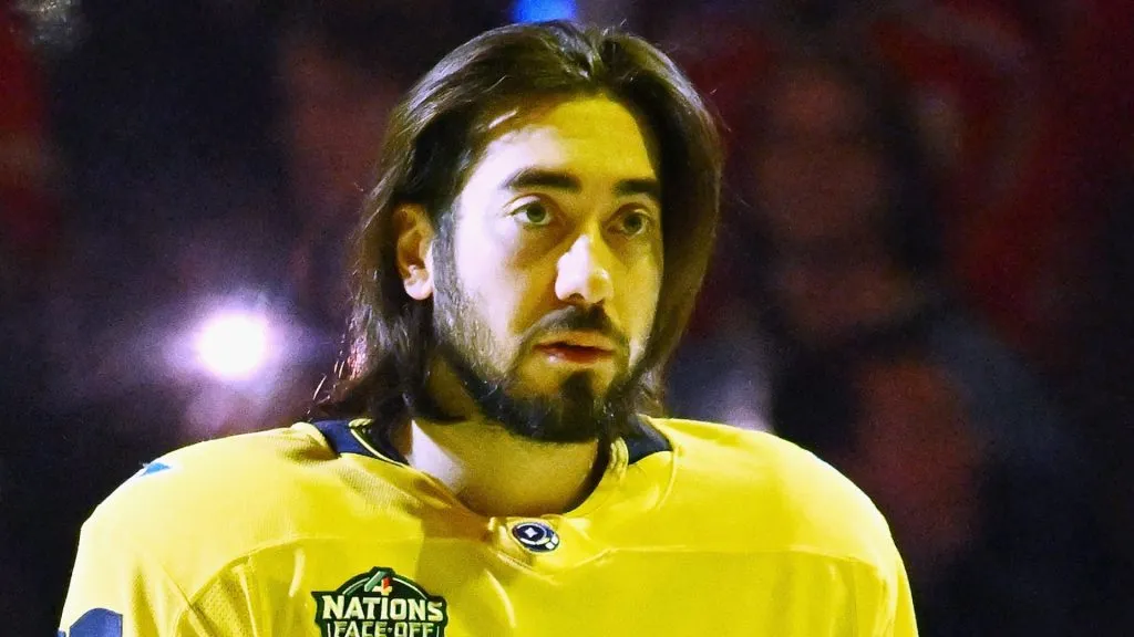 Mika Zibanejad #93 of Team Sweden stands at attention prior to playing against Team Finland in the 4 Nations Face-Off game at the Bell Centre on February 15, 2025 in Montreal, Quebec, Canada.