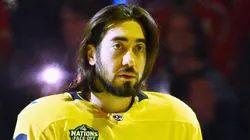Mika Zibanejad #93 of Team Sweden stands at attention prior to playing against Team Finland in the 4 Nations Face-Off game at the Bell Centre on February 15, 2025 in Montreal, Quebec, Canada.