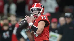 Gunner Stockton #14 of the Georgia Bulldogs looks to pass during the fourth quarter against the Notre Dame Fighting Irish during the 91st Allstate Sugar Bowl at Caesars Superdome on January 02, 2025 in New Orleans, Louisiana.