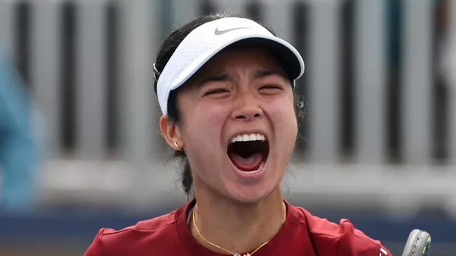 Alex Eala celebrates during the 2024 Miami Open ( Al Bello/Getty Images)