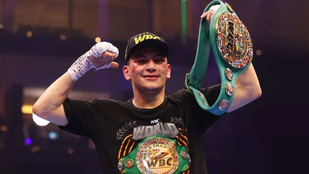 Vergil Ortiz Jr celebrates victory with the title belt after the WBC Interim World Super Welterweight Title fight between Vergil Ortiz Jr and Vergil Ortiz Jr as part of Beterbiev v Bivol 2: The Last Crescendo at Kingdom Arena on February 22, 2025 in Riyadh, Saudi Arabia. (Photo by Richard Pelham/Getty Images)