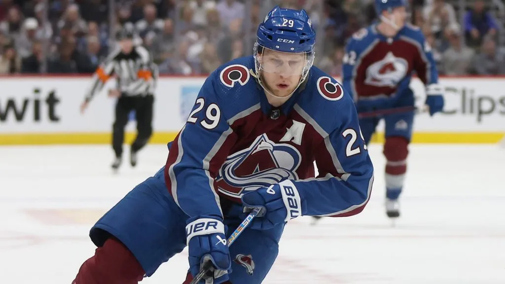 Nathan MacKinnon #29 of the Colorado Avalanche advances the puck against the Winnipeg Jets in the second period during Game Three of the First Round of the 2024 Stanley Cup Playoffs at Ball Arena on April 26, 2024 in Denver, Colorado.