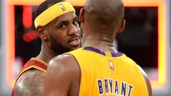 LeBron James of the Cleveland Cavaliers shakes hands with Kobe Bryant of the Los Angeles Lakers on January 15, 2015.