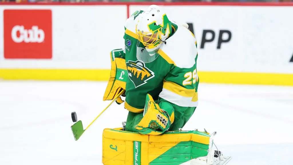 Marc-Andre Fleury #29 of the Minnesota Wild makes a save against the Calgary Flames in the second period at Xcel Energy Center on January 25, 2025 in St Paul, Minnesota. 