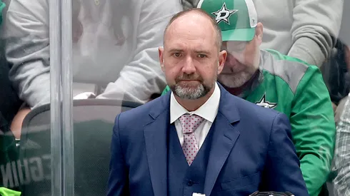 Head coach Peter DeBoer of the Dallas Stars watches as his team plays against the Edmonton Oilers during the first period in Game One of the Western Conference Final of the 2024 Stanley Cup Playoffs.