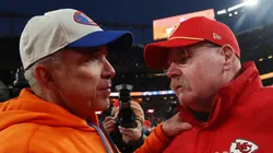 Head coach Sean Payton of the Denver Broncos and head coach Andy Reid of the Kansas City Chiefs meet after the Broncos beat the Chiefs 38-0 at Empower Field At Mile High on January 05, 2025 in Denver, Colorado.