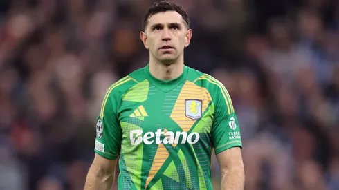 Emiliano Martinez of Aston Villa looks on during a 2024/25 UEFA Champions League Round of 16 Second Leg match.
