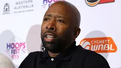 Kenny Smith speaks to the media with Carmelo Anthony during an NBL HoopsFest Press Conference at Crown Perth on September 19, 2024 in Perth, Australia.