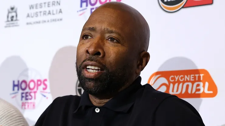 Kenny Smith speaks to the media with Carmelo Anthony during an NBL HoopsFest Press Conference at Crown Perth on September 19, 2024 in Perth, Australia.