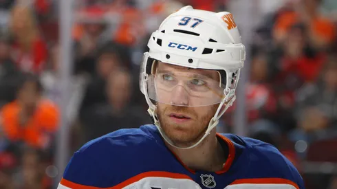 Connor McDavid #97 of the Edmonton Oilers skates against the New Jersey Devils at Prudential Center on March 13, 2025 in Newark, New Jersey.