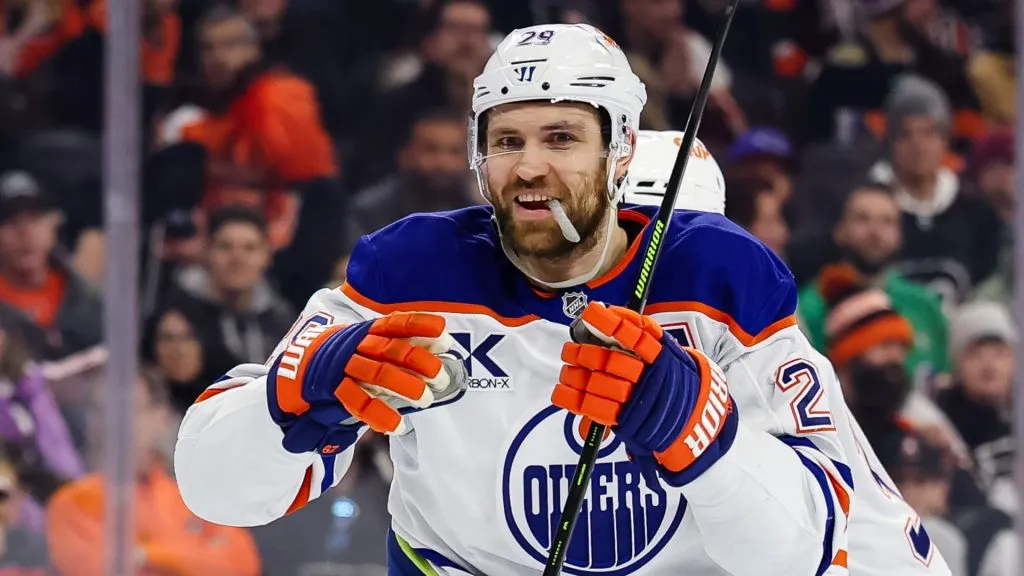 Leon Draisaitl #29 of the Edmonton Oilers reacts after scoring a goal against the Philadelphia Flyers during the first period of the game at the Wells Fargo Center on February 22, 2025 in Philadelphia, Pennsylvania.