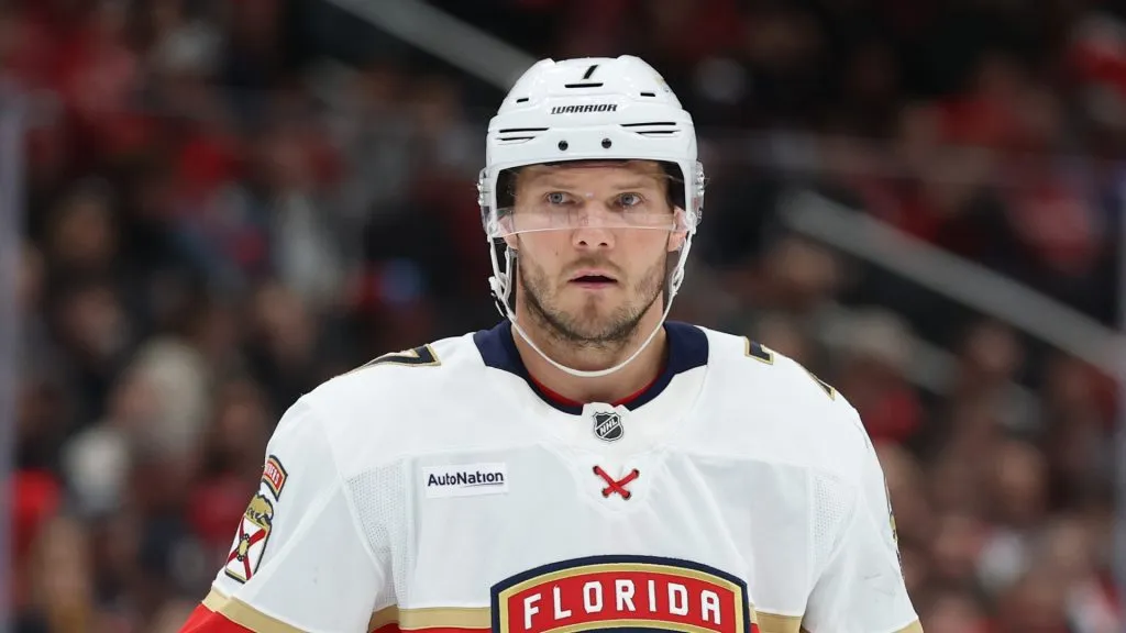 Dmitry Kulikov #7 of the Florida Panthers looks on against the Washington Capitals at Capital One Arena on February 04, 2025 in Washington, DC.