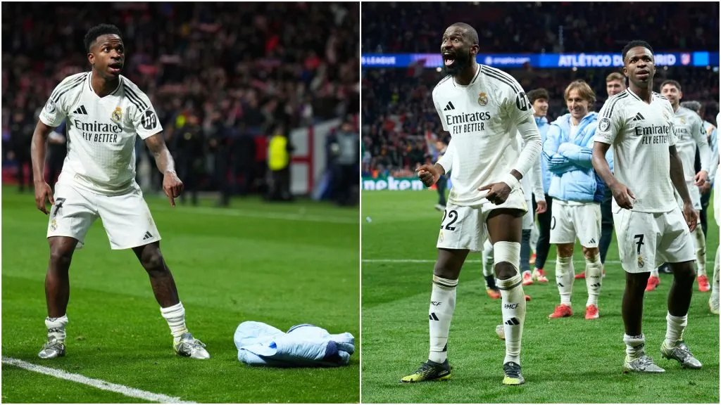 L-R: Vinicius Junior mocks Atletico Madrid fans, Rudigger and Vinicius celebrate making gestures at Atletico supportes (&nbsp;Angel Martinez/Getty Images)