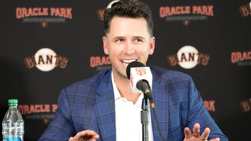 Buster Posey #28 of the San Francisco Giants speaks at a press conference announcing his retirement from Major League Baseball at Oracle Park on November 04, 2021 in San Francisco, California.