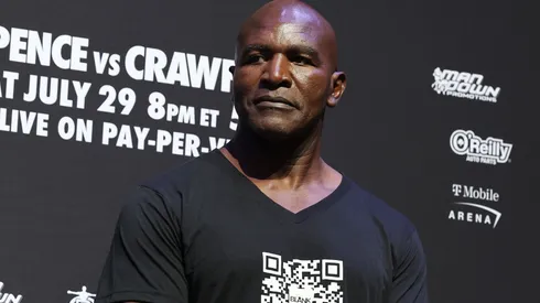 Evander Holyfield looks on during the official weigh-in for Terence Crawford and Errol Spence Jr. T-Mobile Arena on July 28, 2023. Spence Jr. and Crawford will fight for the undisputed world welterweight championship at T-Mobile Arena in Las Vegas on July 29.
