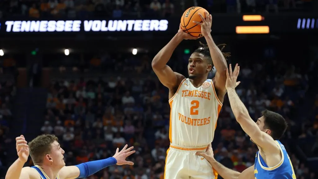 Chaz Lanier #2 of the Tennessee Volunteers takes a shot during the first half against the UCLA Bruins in the second round of the NCAA Men’s Basketball Tournament at Rupp Arena on March 22, 2025 in Lexington, Kentucky.