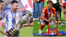 Lionel Messi with the Copa America trophy and Lamine Yamal with the Euro trophy.