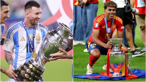 Lionel Messi with the Copa America trophy and Lamine Yamal with the Euro trophy.