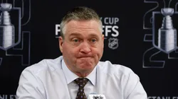 Head coach Patrick Roy of the New York Islanders speaks with the media following a loss to the Carolina Hurricanes in Game Three of the First Round of the 2024 Stanley Cup Playoffs at UBS Arena on April 25, 2024 in Elmont, New York.