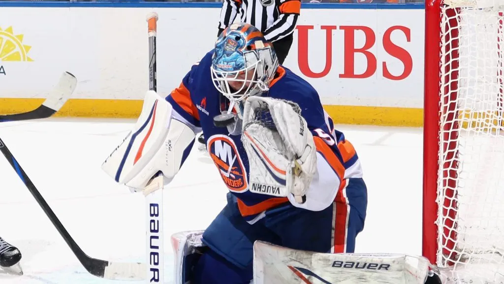 Ilya Sorokin #30 of the New York Islanders makes a third period save against the Vancouver Canucks at UBS Arena on March 26, 2025 in Elmont, New York.
